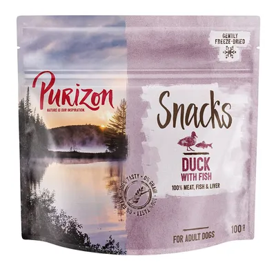 Purizon Snacks Duck with Fish, 100 % meat, fish & liver, gently freeze-dried, pour chiens adultes, sachet de 100 g. Texte en anglais sur l’emballage.