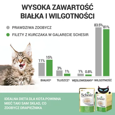 Porównanie składu: filet z kurczaka w galarecie Schesir – białko 15%, tłuszcz 1%, węglowodany 0,8%, wilgotność 81%. Prawdziwa zdobycz: białko 11%, tłuszcz 3%, węglowodany 1%, wilgotność 83,5%.