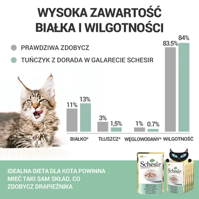 Porównanie składu: białko 11%/13%, tłuszcz 3%/1,5%, węglowodany 1%/0,7%, wilgotność 83,5%/84%. Tuńczyk z doradą w galarecie Schesir. Wysoka zawartość białka i wilgotności.