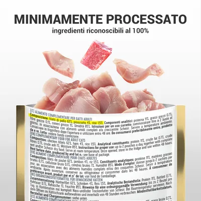 Testo: 'MINIMAMENTE PROCESSATO, ingredienti riconoscibili al 100%'. Etichetta con composizione evidenziata: filetti di pollo 62%, prosciutto 4%, riso 15%.