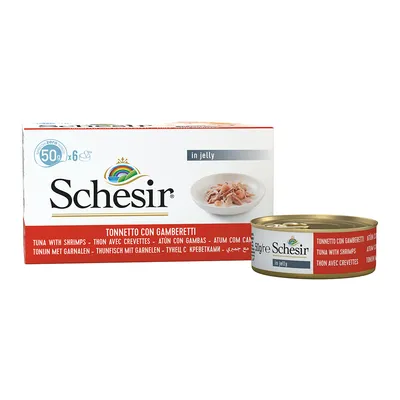 Schesir thon avec crevettes en gelée, boîte de 50 g. Pack de 6. Texte visible : 'in jelly', 'Tonnetto con gamberetti', 'Thon avec crevettes'. Image du produit et emballage.