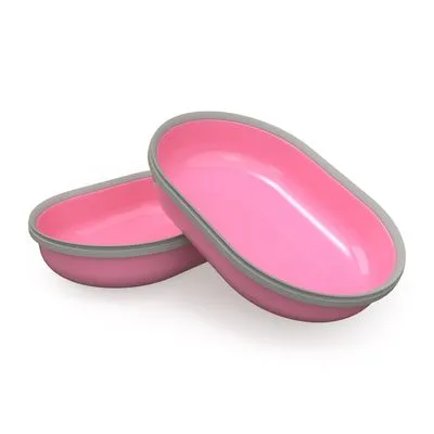 Twee ovale voerbakken van roze plastic met grijze rand, zonder merknaam of tekst zichtbaar.