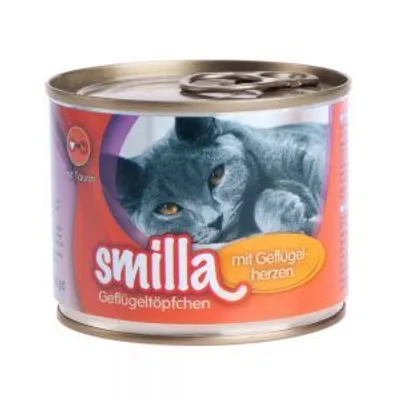 Boîte de nourriture pour chat Smilla, texte visible : 'mit Geflügelherzen', image d’un chat gris sur l’étiquette. Texte en allemand.