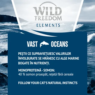 Wild Freedom Elements Vast Oceans. Monoproteină - somon: 40 % somon proaspăt, rețetă fără cereale. Peștii se hrănesc cu alge marine bogate în nutrienți. Follow your cat’s natural instincts.