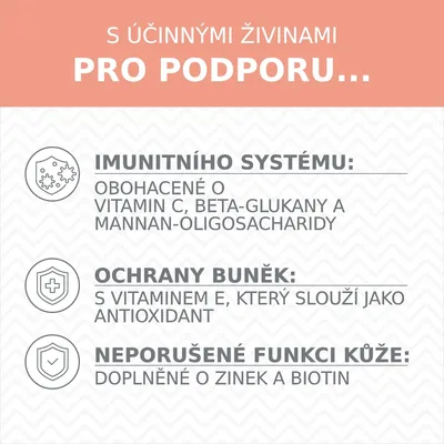S účinnými živinami pro podporu imunity, ochrany buněk a funkce kůže. Obohaceno o vitamin C, beta-glukany, mannan-oligosacharidy, vitamin E, zinek a biotin.