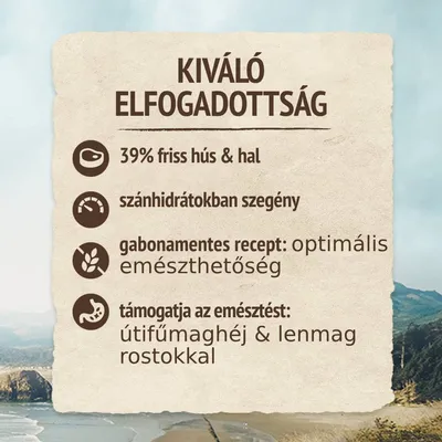 KIVÁLÓ ELFOGADOTTSÁG, 39% friss hús & hal, szénhidrátokban szegény, gabonamentes recept: optimális emészthetőség, támogatja az emésztést: útifűmaghéj & lenmag rostokkal