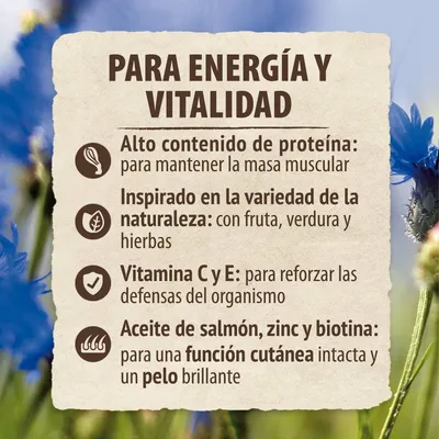 Texto: Para energía y vitalidad. Alto contenido de proteína, inspirado en la variedad de la naturaleza, vitamina C y E, aceite de salmón, zinc y biotina para función cutánea y pelo brillante.