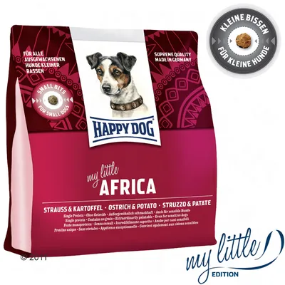 Confezione Happy Dog my little Africa, struzzo e patate, per cani di piccola taglia. Testo visibile: 'Small bits for small dogs', 'Supreme quality made in Germany', 'Senza cereali'.