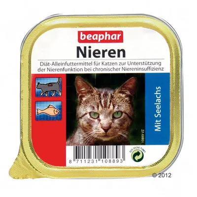beaphar Nieren, aliment diététique pour chats, texte en allemand, photo de chat, pictogrammes chat et poisson, mention Mit Seelachs, code-barres visible.