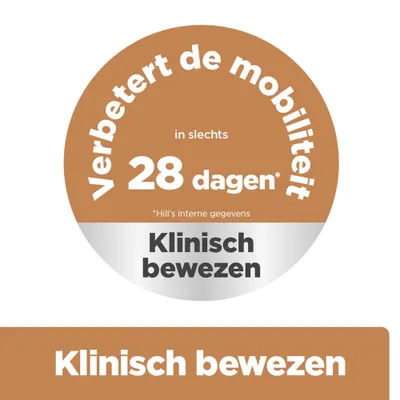 Verbeterde mobiliteit in slechts 28 dagen. Klinisch bewezen. Hill's interne gegevens. Verbeterde mobiliteit in slechts 28 dagen. Klinisch bewezen. Hill's interne gegevens.