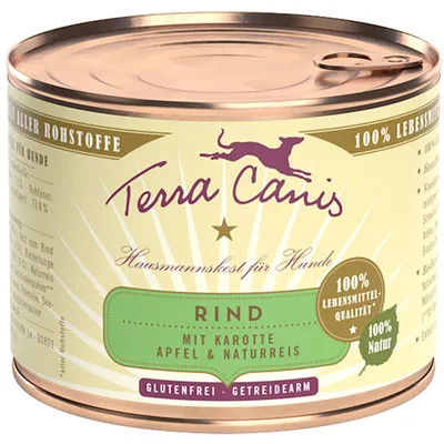 Terra Canis Hausmannskost für Hunde Rind mit Karotte, Apfel & Naturreis. 100% Lebensmittel-Qualität, 100% Natur, glutenfrei, getreidearm. Tekst på tysk.