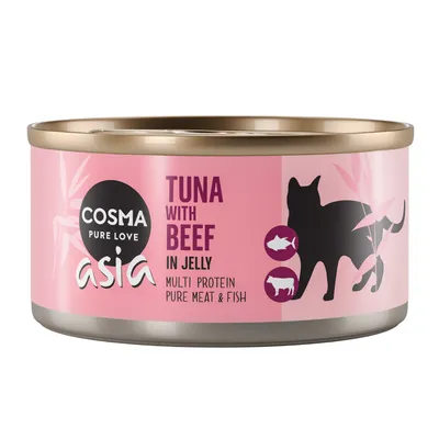 Blik Cosma Pure Love Asia kattenvoer, Tuna with Beef in Jelly, multi protein pure meat & fish. Zichtbare tekst en silhouet van een kat op het etiket.