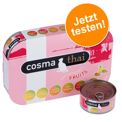 cosma thai EXOTISCH LEICHT FRUITS, assortiment de boîtes : Chicken & Pineapple, Tuna & Pineapple, Chicken & Papaya, Tuna & Papaya, Chicken & Mango. Texte allemand : Jetzt testen!