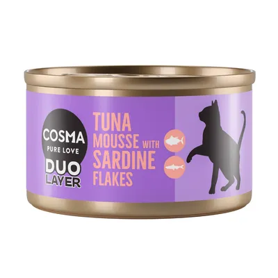 Lata de Cosma Pure Love Duo Layer, texto visible: Tuna mousse with sardine flakes, silueta de gato y dos iconos de peces en la etiqueta violeta.
