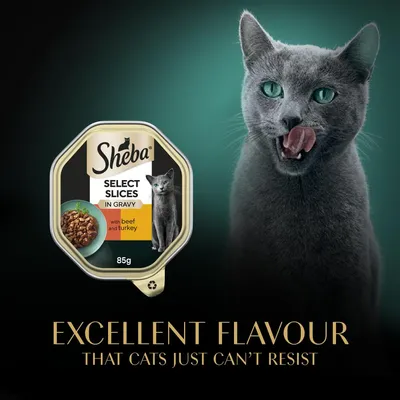 Sheba Select Slices in Gravy with beef and turkey, 85g. Text: Excellent flavour that cats just can't resist.