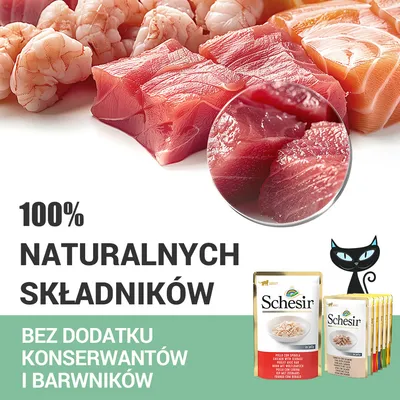 100% naturalnych składników. Bez dodatku konserwantów i barwników. Schesir – saszetki z karmą dla kotów, widoczne kawałki ryb i krewetek.