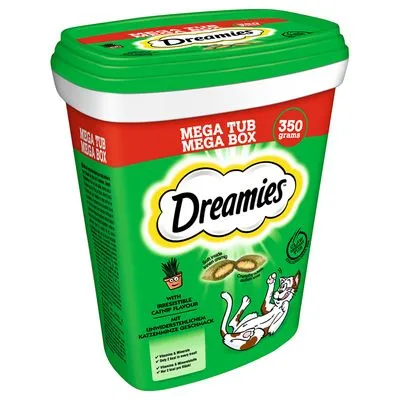 Dreamies Mega Tub Mega Box kattensnacks, 350 gram, met onweerstaanbare kattenkruidsmaak. Verpakking toont merknaam en illustratie van een kat.