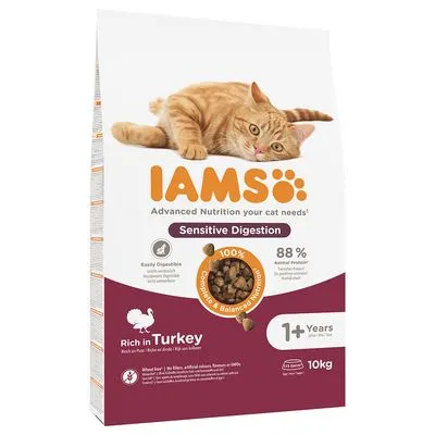 IAMS Sensitive Digestion kattenvoer, 88% dierlijk eiwit, rijk aan kalkoen, voor katten vanaf 1 jaar, zak van 10 kg. Zichtbare tekst: Easily Digestible, 100% Complete & Balanced Nutrition.