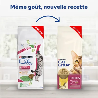 Comparaison des anciens et nouveaux emballages Purina Cat Chow Urinary. Ancien à gauche, nouveau à droite : 50 % animal proteins, urinary, avec prébiotique naturel, riche en poulet.