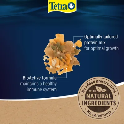 Tetra Flake Food with BioActive recipe for a healthy immune system, optimally balanced protein mix for growth, no additives, natural ingredients, no colourants. Tetra Flake Food with BioActive recipe for a healthy immune system, optimally balanced protein mix for growth, no additives, natural ingredients, no colourants.