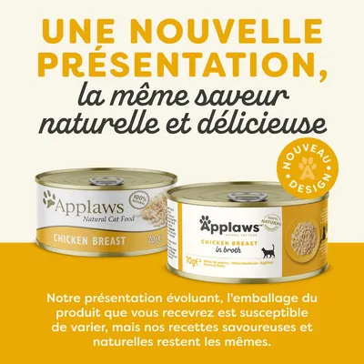 Applaws Natural Cat Food, nouvelle présentation, la même saveur naturelle et délicieuse. Nouveau design. Chicken Breast 70g, Chicken Breast in broth 70g. L’emballage peut varier.