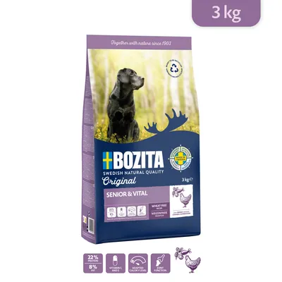 Saco de pienso BOZITA Original Senior & Vital para perros, 3 kg. 22 % proteína, 8 % grasa, con vitaminas C y E. Sin trigo. Imagen de perro negro en el envase.