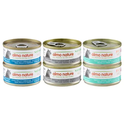 Almo Nature HFC Katzenfutter in Dosen, Sorten: Thunfisch mit Käse, Thunfisch mit Sardellen, Forelle und Thunfisch. Text: 'All profits to the planet'.