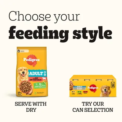 Choose your feeding style: serve with dry food or try our can selection. Options shown are Pedigree Adult with beef and vegetables, and Pedigree Adult in loaf cans.