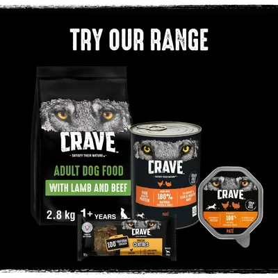 Selection of Crave products including adult dog food with lamb and beef, high protein paté made with chicken and turkey, and 100% natural chicken protein centres.