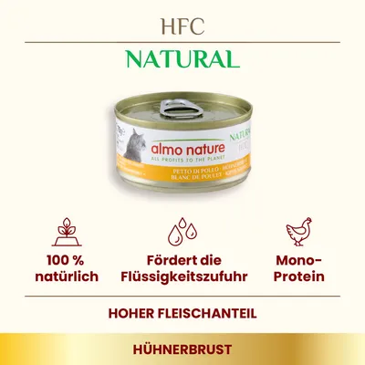 Almo Nature HFC Natural Hühnchenbrust in Dose. 100% natürlich, fördert Flüssigkeitszufuhr, Mono-Protein, hoher Fleischanteil.