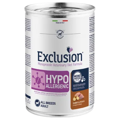 Exclusion Monoprotein Veterinary Diet Formula, hypoallergen våtfoder för hundar med kanin och potatis. Tillverkat i Italien, lämpligt för alla raser och vuxna.