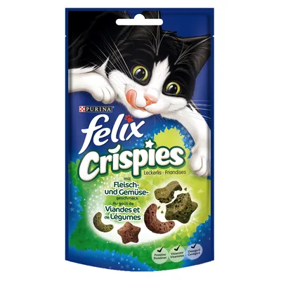 Confezione di snack per gatti Purina Felix Crispies, gusto carne e verdure. Testo visibile: Proteine, Vitamine, Omega 6.