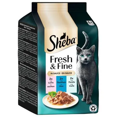 Sheba Fresh & Fine in Sauce, 6x50g: 2x zalm, 2x tonijn, 2x forel. Afbeelding van kattenvoer op een bord en kat. Verpakking toont recyclebaar symbool.