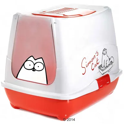 Toilette chiusa per gatti con base rossa, sportello trasparente e disegni di Simon's Cat. Testo visibile: Simon's Cat.