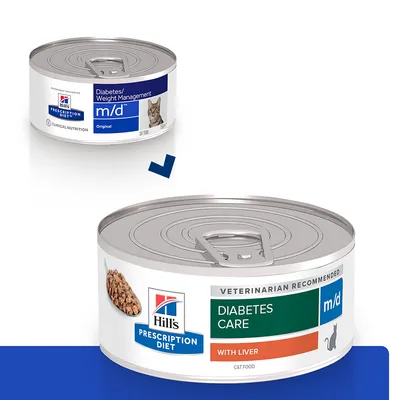 Hill's Prescription Diet m/d Diabetes Care with Liver, konzerva za mačke. Prikazane dvije verzije pakiranja: staro s natpisom 'Diabetes/Weight Management', novo s 'Diabetes Care'.