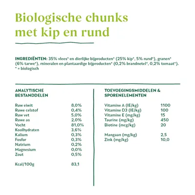 Biologische chunks met kip en rund. Ingrediënten: 35% vlees, granen, mineralen, brandnetel, tomaat. Analytische bestanddelen: eiwit 8%, vet 5%, vocht 81%. Toevoegingen: vitamine A, D3, E, taurine.