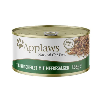 Консерва Applaws Natural Cat Food, 100% Natural, Thunfischfilet mit Meeresalgen, 156 г. Видна текстура продукта на упаковке.