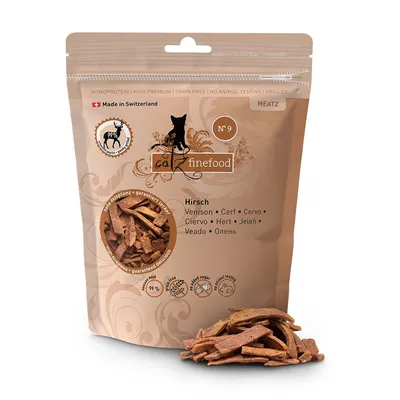 Confezione di snack per gatti catz finefood N°9 Hirsch, cervo, 99% carne, senza cereali, prodotto in Svizzera. Testi: monoprotein, high premium, grain free, no animal testing, grilled.