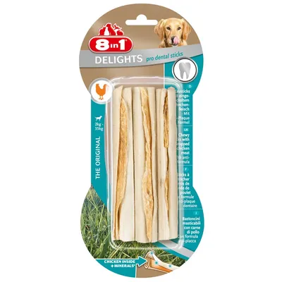 8 in 1 Delights pro dental sticks with chicken inside and minerals, suitable for animals weighing 2kg to 35kg, anti-plaque formula highlighted on packaging.