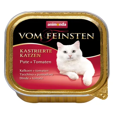 Embalagem Animonda Vom Feinsten para gatos castrados, Pute + Tomaten (dinde e tomate), texto em alemão, neerlandês, italiano e francês visível.