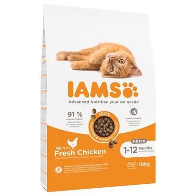 Sac de croquettes IAMS pour chaton, 1–12 mois, 10 kg, riche en poulet frais, 91 % protéines animales, sans blé, texte en anglais sur l’emballage.