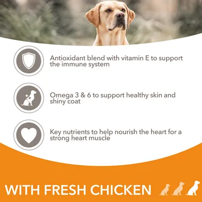 Antioxidant blend with vitamin E for immune support, omega 3 and 6 for healthy skin and coat, key nutrients for heart health. With fresh chicken.