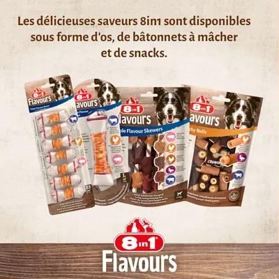 Sachets et emballages de friandises pour chien 8in1 Flavours : os, bâtonnets à mâcher, snacks. Texte visible : Les délicieuses saveurs 8in1 sont disponibles sous forme d’os, de bâtonnets à mâcher et de snacks.