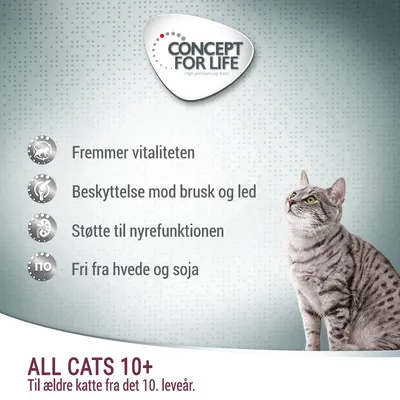CONCEPT FOR LIFE. Fremmer vitaliteten, beskyttelse mod brusk og led, støtte til nyrefunktionen, fri fra hvede og soja. ALL CATS 10+. Til ældre katte fra det 10. leveår.