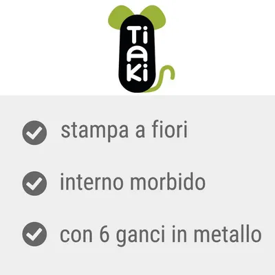 Tiaki. stampa a fiori, interno morbido, con 6 ganci in metallo.