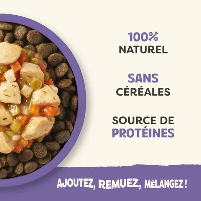 100 % naturel, sans céréales, source de protéines. Ajoutez, remuez, mélangez ! L'image montre une gamelle avec des croquettes et des morceaux de viande en sauce. 100 % naturel, sans céréales, source de protéines. Ajoutez, remuez, mélangez ! L'image montre une gamelle avec des croquettes et des morceaux de viande en sauce.