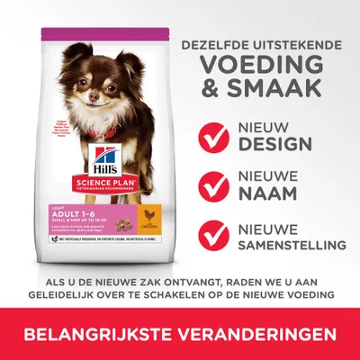 Hill's Science Plan Light Adult 1-6 Small & Mini kip hondenvoer. Tekst: dezelfde uitstekende voeding & smaak, nieuw design, nieuwe naam, nieuwe samenstelling, belangrijkste veranderingen.