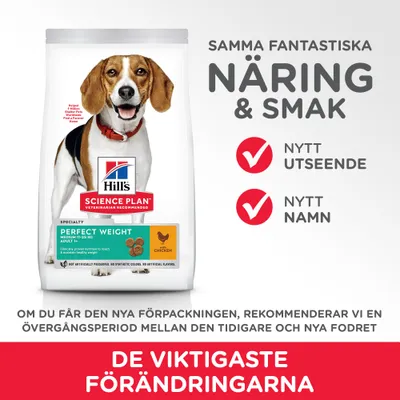 Hill's Science Plan Perfect Weight hundfoder, kyckling. Samma näring och smak, nytt utseende, nytt namn. Rekommenderad övergångsperiod mellan tidigare och nya fodret.