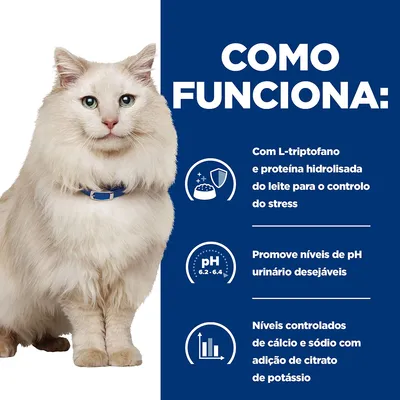 Como funciona: com L-triptofano e proteína hidrolisada do leite para o controlo do stress, promove níveis de pH urinário 6,2–6,4, cálcio e sódio controlados com citrato de potássio.