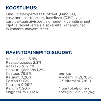 Koostumus: liha- ja eläinperäiset tuotteet (kana 1 %), kasvikset (3,1 %), viljat, siemenet, öljyt, kananmunat. Ravintoainepitoisuudet: valkuaisaine 5,8 %, rasva 2,3 %, kosteus 79,9 %, energia 693 kcal/kg.